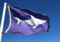 A purple Warning flag flies at Nauset Beach in Orleans, MA, warning beachgoers of the presence of sharks in the water.